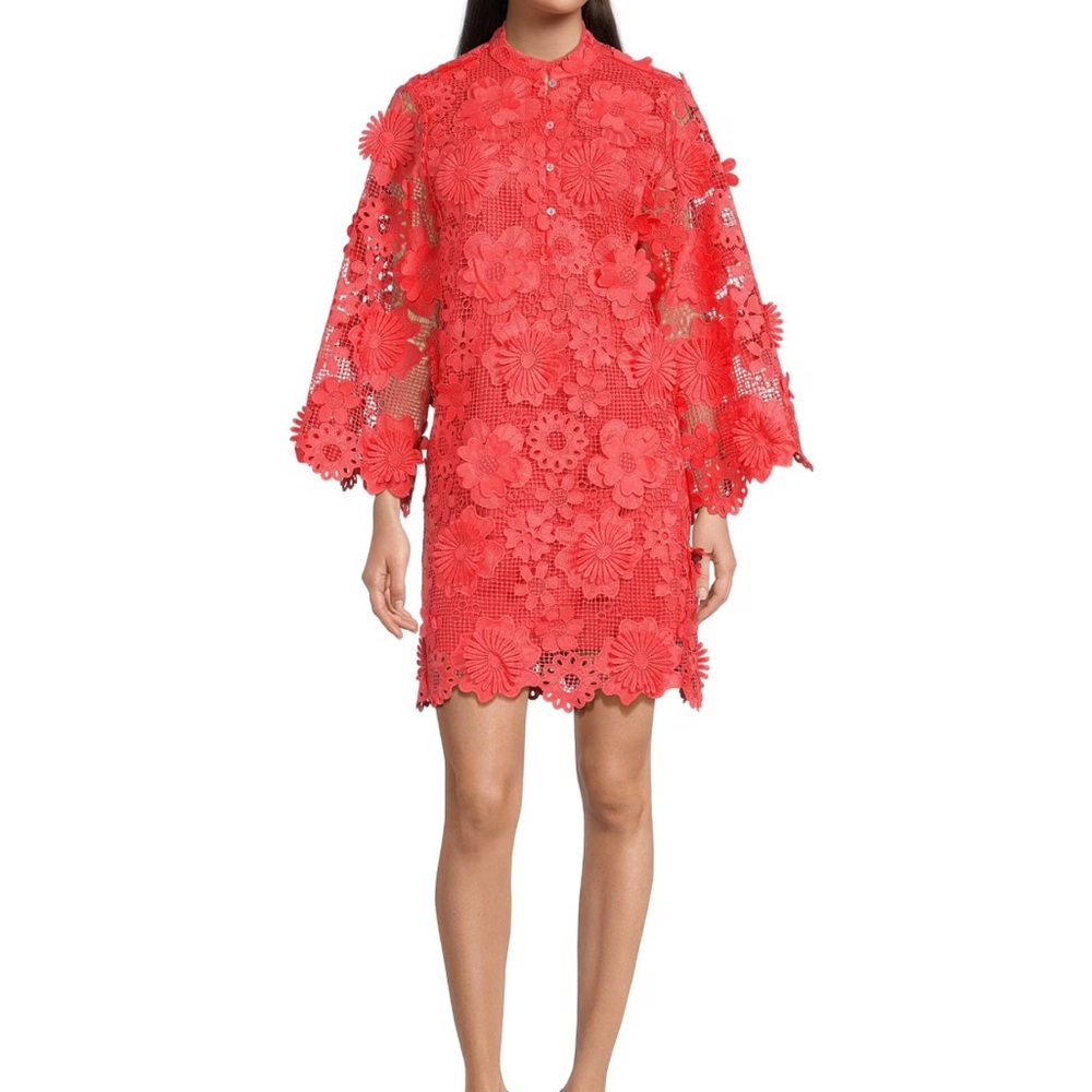 Seraphina Floral 3D Lace Split Round Button Up Neck Long Sleeve Shift DressCORAL